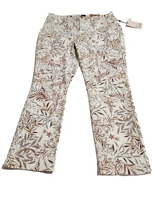 NYDJ Sheri Slim Leg Jeans Cream Beige Leaf Leaves Floral Size