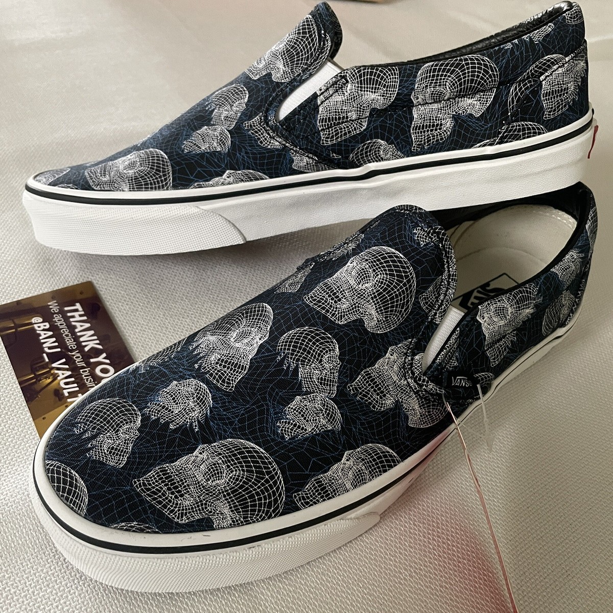 Mens Vans Classic Slip-On Wireframe Skulls Dark Blue Sneakers 2021  Womens 10