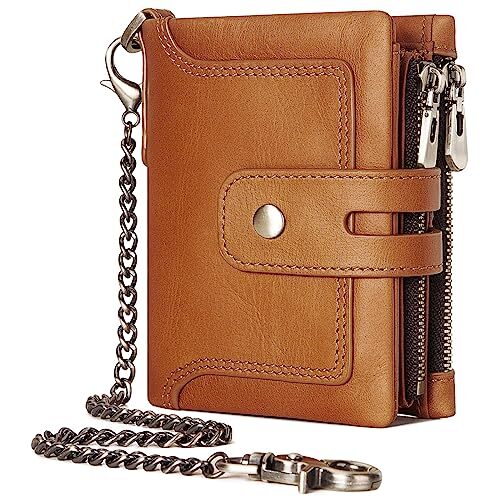 Genuine Leather RFID Blocking Bifold Wallet with Chain in Brown-image