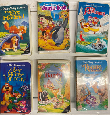 Lot of 6 Disney VHS Jungle Book Great Mouse Detective Rescuers Bambi Fox Hound