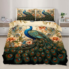 Oversized King Duvet Cover Set - Peacock Feather Vintage Floral Design
