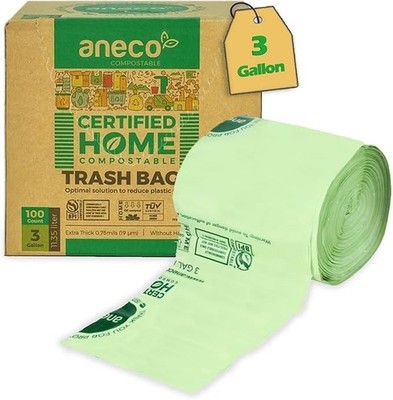 ANECO 100% Compostable Food Waste Bags 3 Gallon, 100 Count, Extra Thick Compost