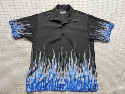 Sapphire Lounge Shirt Mens Large Black Blue Flame Hot Rod Rockabilly Need Repair