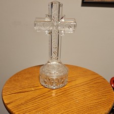 Decorative Glass Christian Cross with Etched Design and Matching Dish