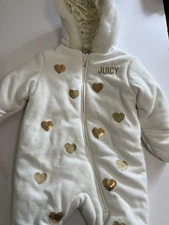 Juicy Couture Baby One-Piece Bunting Snow Suit 6/9 Months White Gold Hearts