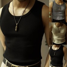 Beige Mens Solid Color Ribbed Knit I shaped Vest Sports Tank Top Streetwear