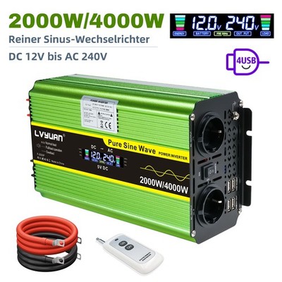 2000W 4000W 12V auf 230V Reiner Sinus Spannungswandler Wechselrichter 4USB Grün