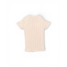 Cream Ribbed Knit Short Sleeve Tee, Slim Fit Basic Top - Size Small