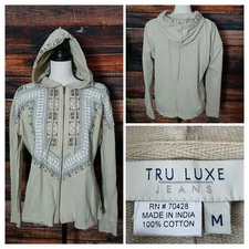 Tru Luxe Hoodie M Full Zip Hooded Sweatshirt Tribal Embroidered Boho Tan Raw Hem