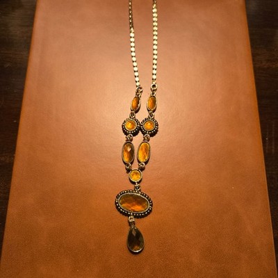 Vintage Faux Topaz or Amber Necklace with a Beaded Chain