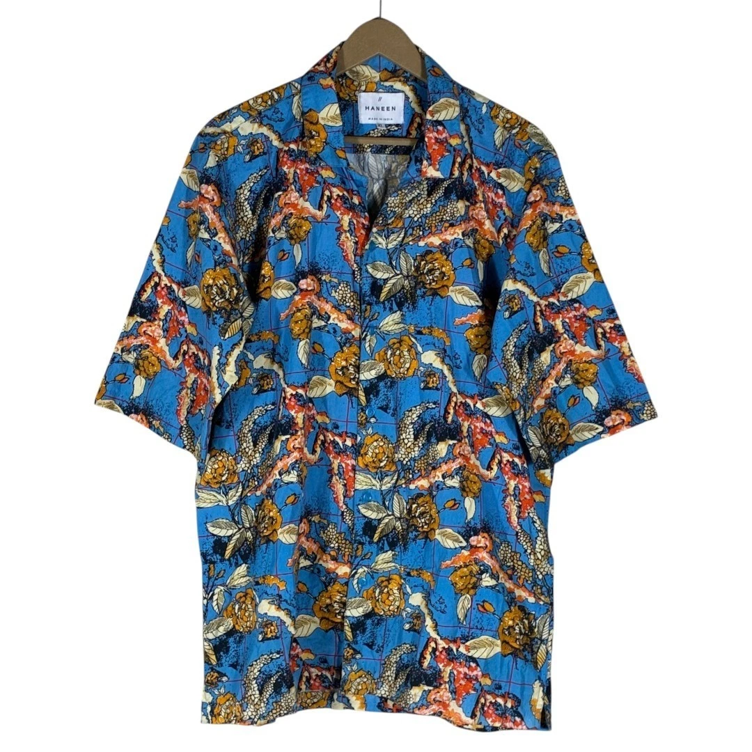 Haneen Floral Abstract Graphic Button Down Shirt Blue Summer Boho Size XL