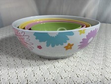 EASTER Egg Shape Nesting Bowls Melamine Pastels Floral and Solids Set Of 4 EUC