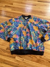 Vintage 90s Flower Faux Silk Bomber Size 10 Ladies Jacket Zip Up Made in USA