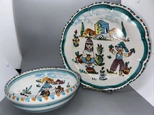 CAPRI ITALY HAND PAINTED PLATE AND BOWL VILLAGE LIFE SCENES - COLORFUL