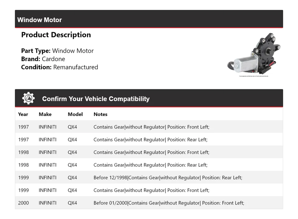 Para Infiniti QX4 1997-2000 Ventana Motor Cardone 1998 1999 Foto 2 de 4