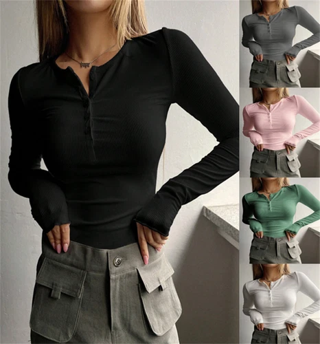 Womens Tops Long Sleeve Henley T Shirt Button Down Tops V Neck Shirts Blouse - Bild 2 von 23