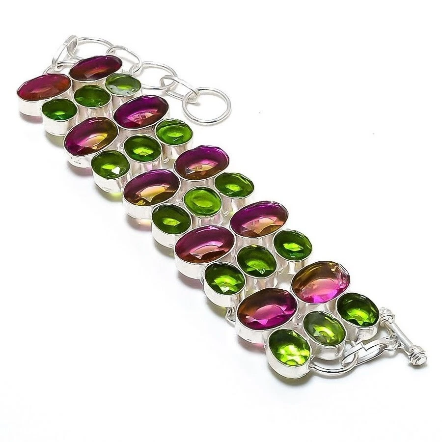 Bi-Color Tourmaline Gemstone 925 Sterling Silver Handmade Jewelry Bracelet 8" - Image 4 of 4