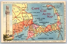 Postcard Cape Code Auto Map Tourist Travel Driving Guide, Massachusetts Unposted