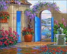 Ceramic Tile Mural Backsplash Senkarik Courtyard Landscape Art MSA120