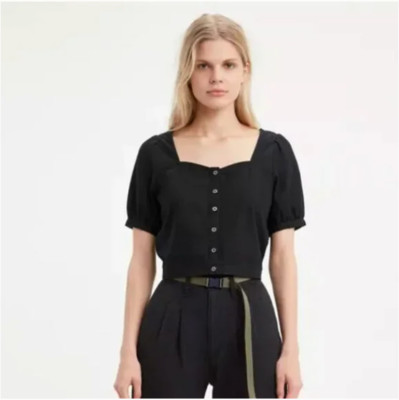 Levi's Simone Cropped Linen Blend Top Black XS RV $70