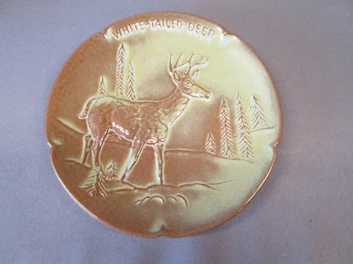 FRANKOMA Art Pottery Prairie Green Vintage Wildlife Plate WHITE TAILED DEER 1973