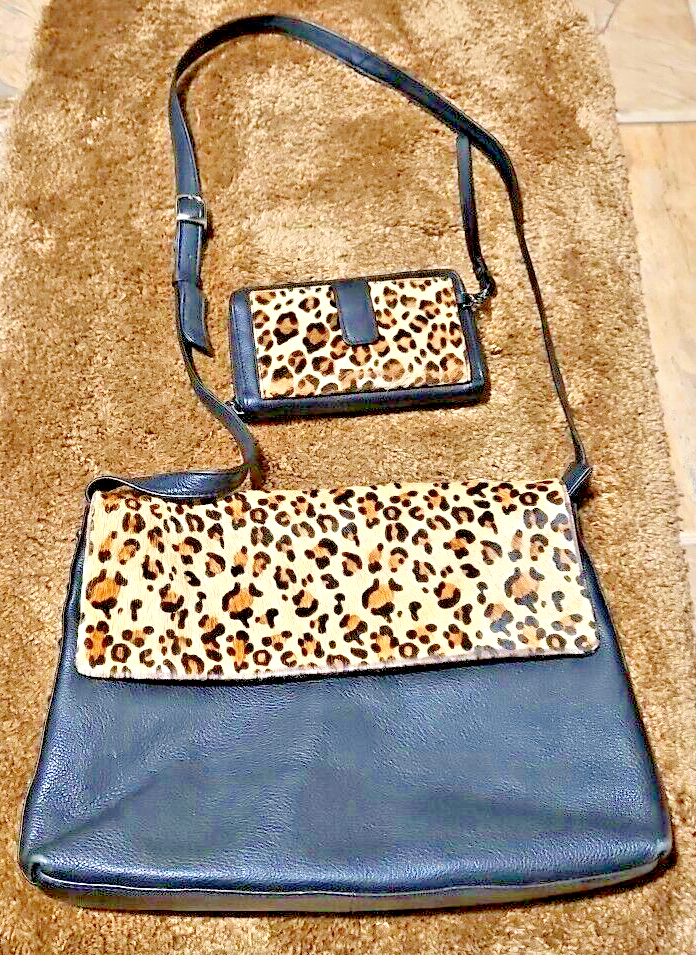 PONY 450€ Sorpresa! Borsa a tracolla ghepardo pelle nera ciottolata e portafoglio set 2 pezzi