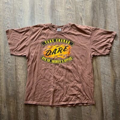 2000s Y2k D.A.R.E Flame Fire Brown T Shirt Skater Grunge Mens Size XL