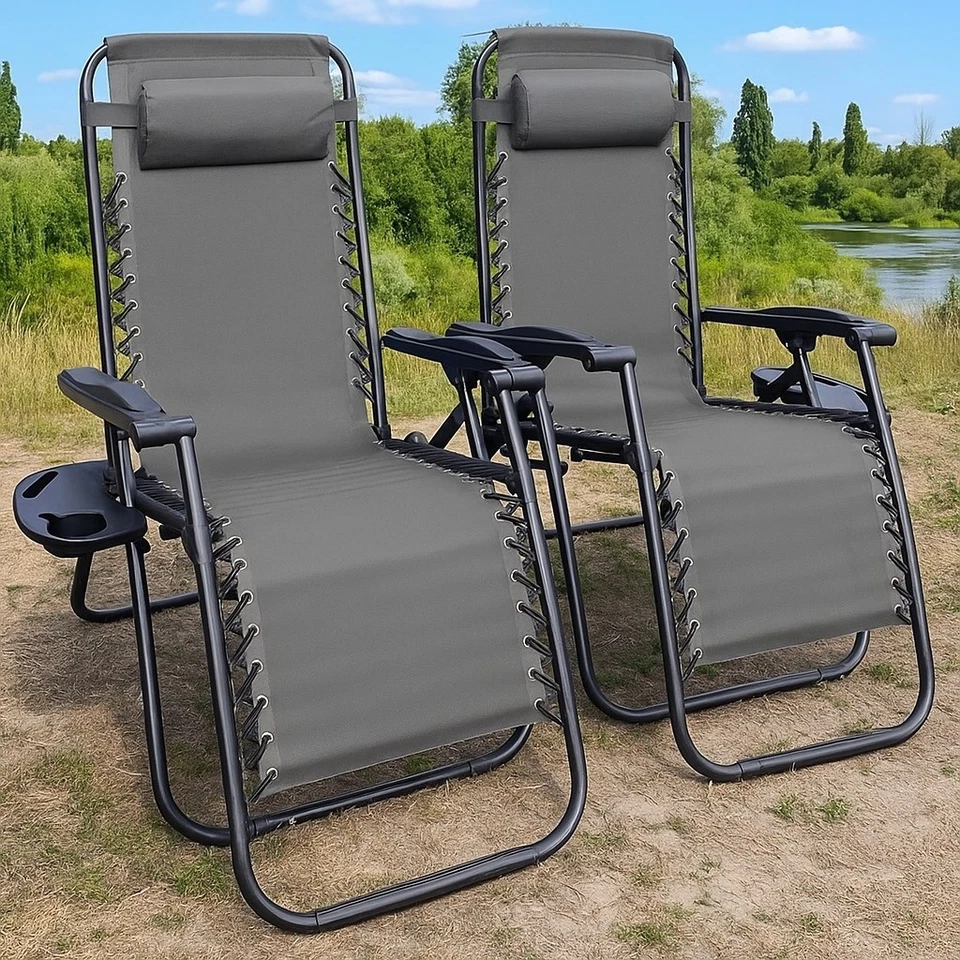 GARDENSUN Foldable Zero Gravity Set of 2 Chairs Garden 2X w/Headrest Cup Holder Outdoor