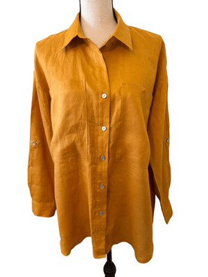 Magaschoni Blouse Saffron Yellow Linen Roll Tab Sleeve Oversized Size S NWOT