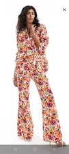 Multicolor Floral Jacket  Flared Pants Set, Long Sleeve, Women's 2 Piece