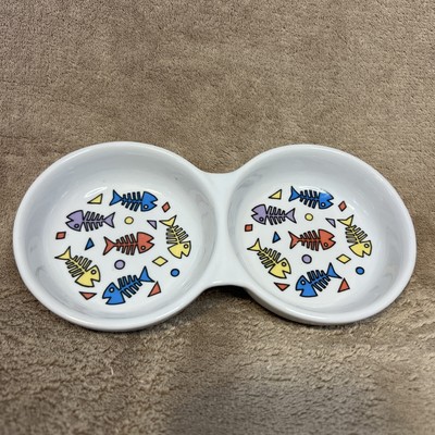Double Bowl Cat Food & Water Dish Fish Bones Stoneware Heavy Durable Dishes