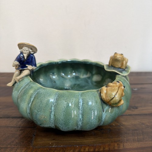 Vtg Chinese Mudman Glazed Clay Pottery Planter Bowl w/two Frogs Trinket Dish