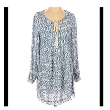 Free People Marlow Geometric Long Sleeve Boho Mini Dress White Blue Small