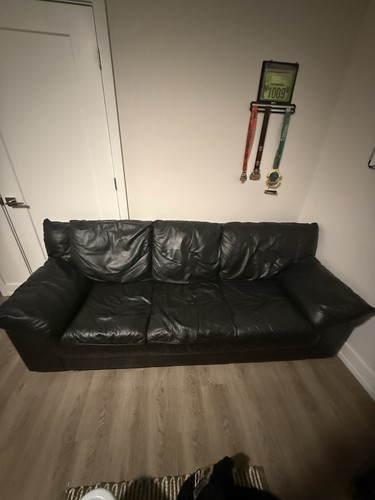 Black Leather 3-Seat Sofa, Solid Pattern, Cushion Back for Living Room