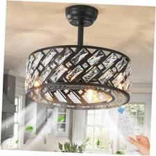 Black Caged Crystal Ceiling Fan with Light 18" Modern Bladeless Matt Black