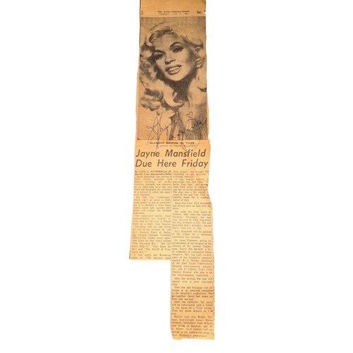 JAYNE MANSFIELD Autographed newspaper clipping