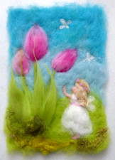 ♥WOLLBILD TULPEN BLUMENKIND KLEID FARN DEKORATION FRÜHLING DEKO BILD ROSA NEU♥