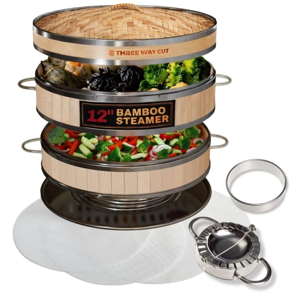 2-tier 12" Bamboo Steamer with Reinforcement & Handle, Reusable Silicone Line...