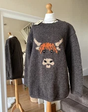 Pachamama Hand Knitted 100% Wool Jumper Sweater - Highland Cow size L BNWT
