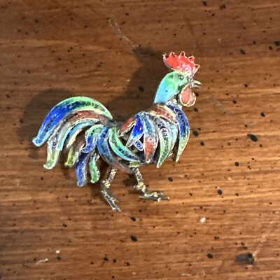 Vintage Victorian Mark 800 Sterling Silver Filigree Enamel Rooster Pin Brooch