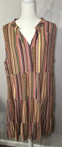Easel Sleeveless Ruffle Herringbone Boho Print Dress Plus Size 1X NWT - Picture 2 of 8