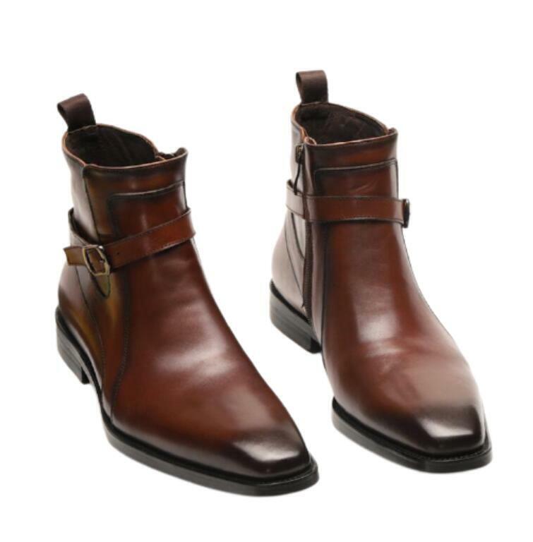 Men's Leather Ankle Boots Pointy Toe Chelsea Business Buckle Shoes Formal Retro