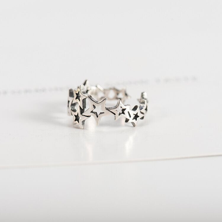 925 Sterling Silver Stars Pattern Simple Adjustable Ring Mens Womens ...