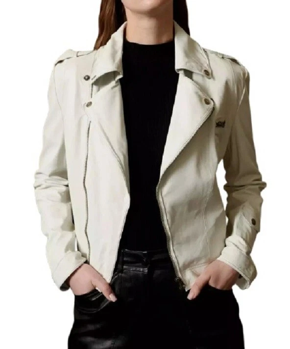 Jacket Leather Women Women's Moto Soft Lambskin Biker Size Motorcycle White 29