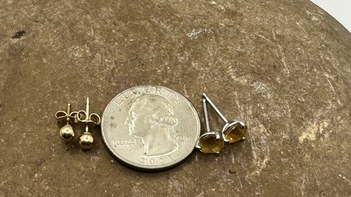 2 Ps 14K White Yellow Gold Citrine/Ball Stud Earrings Solid 1.3 Grams - Picture 4 of 9