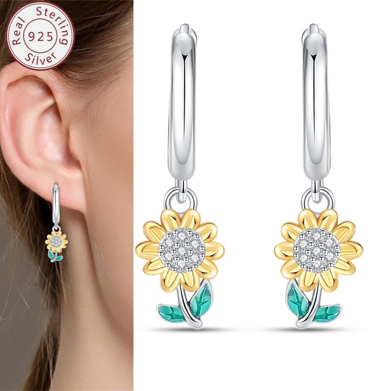 KUNSIR 925 Sterling Silver Bohemian Dainty Sunflower Drop Earrings Women Gifts