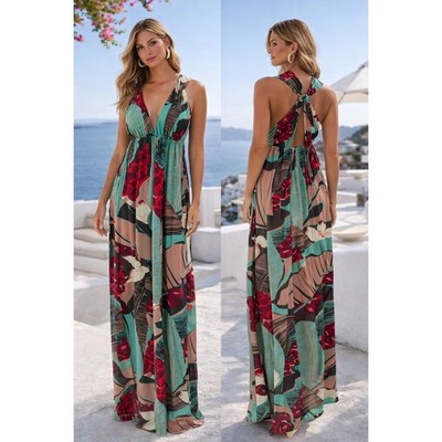 Development Erica Davies Maxi Dress 2 Teal Floral Tropical Halter V-Neck Resort