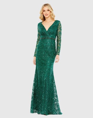 MAC DUGGAL EMERALD Green Embellished Wrap Over Long Sleeve Gown SIZE 22