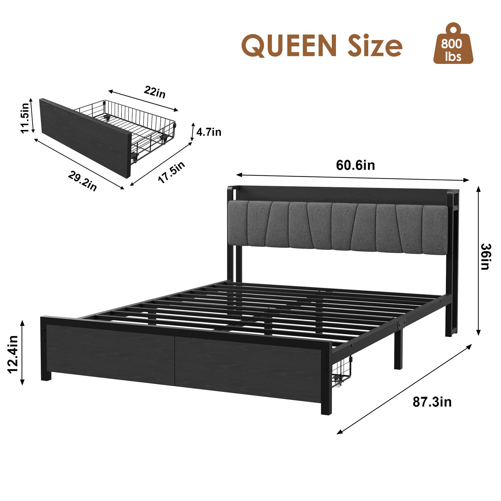 Platform Bed Frame With Charging Station & Drawer