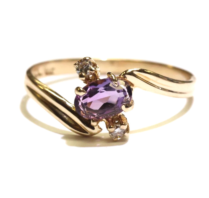 14k yellow gold oval amethyst gemstone diamond .06ct 1.5g ring estate vintage
